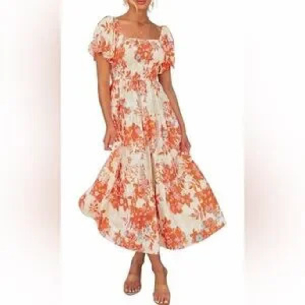 Floral Puff-Sleeve Midi Dress in Multicolor